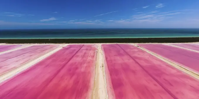 Aerial view of pink salt lakes along the coast at Ria Largatos Natural Park, Río Lagartos, Yucatan, Mexico.