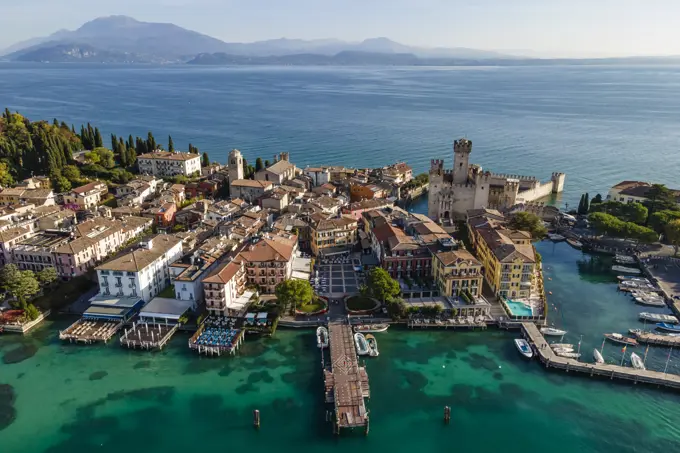 Aerial view of Castello Scaligero (Scaligero Castle), an ancient fortress along Sirmione coastal, Lombardy, italy.