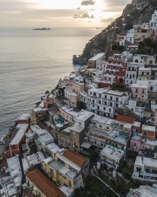 Aerial view of Positano with colourful rooftop along the Amalfi coast, Salerno, Italy.