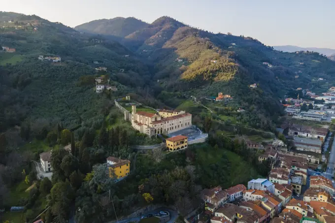 Aerial view of Nazareth House on the mountain in Pescia, Pistoia, Tuscany, Italy.