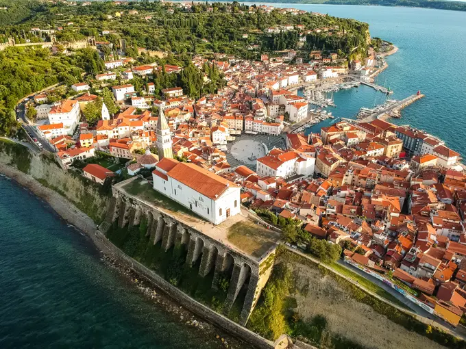 Aerial view of a city on the shore of the coast, Piran, Slovenia