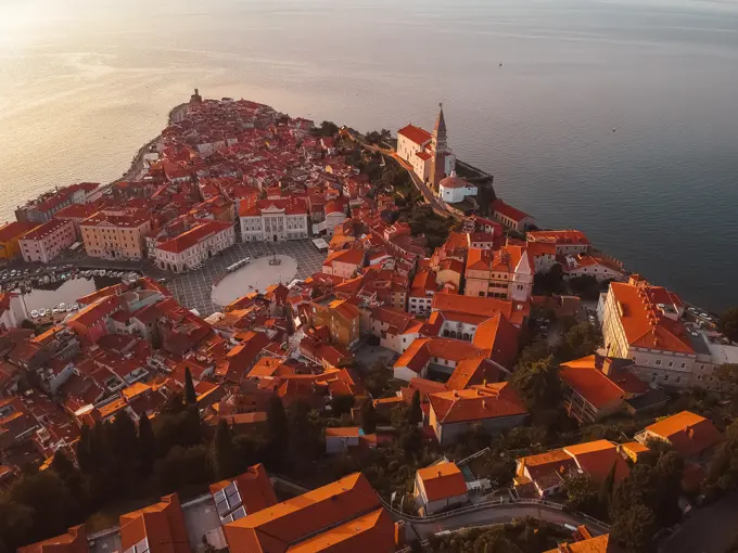 Aerial view of a city on the shore of the coast, Piran, Slovenia