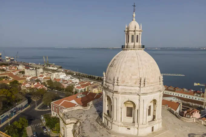 Lisbon, Portugal - 28 March 2021: Aerial view of Panteao Nacional, the National Pantheon is a celebrity tombs in a 17th-century church, Lisbon, Portugal.
