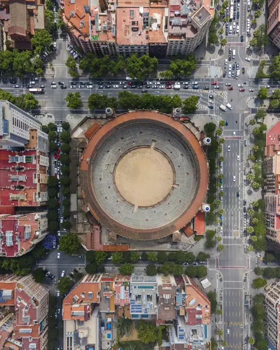 Aerial view of La Monumental, an historical bullring in Barcelona downtown, Catalunya, Spain.