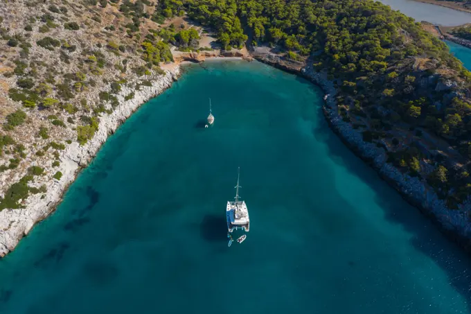 Aerial view of boats on the shore of the bay in Saronic Gulf, Greece