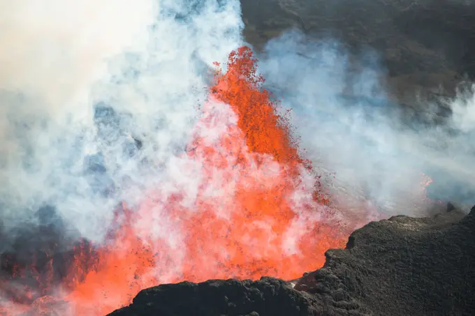 Aerial view of spewing lava during the largest volcanic eruption in Iceland since 1784, photographed in September 2014 from a helicopter, Holuhraun, highlands of Iceland