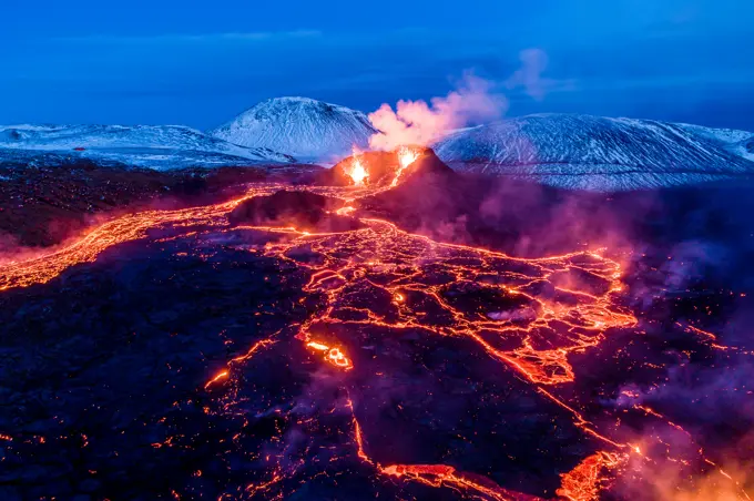 Aerial view of the recent active volcano in the Geldingadalir valley at Fagradalsfjalli mountain, Reykjanes Peninsula, Iceland.