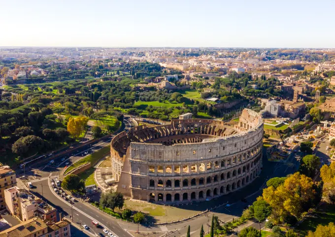 Aerial view of The Colosseum, Celio, Rome, Italy.