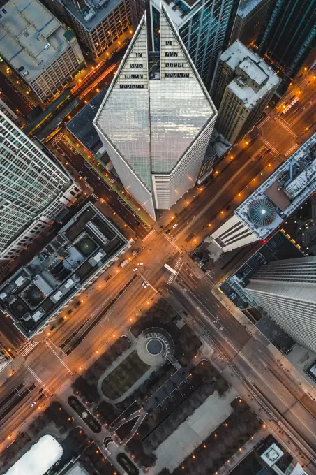 Aerial view above of empty streets due to the corona virus pandemic at Chicago, United States.