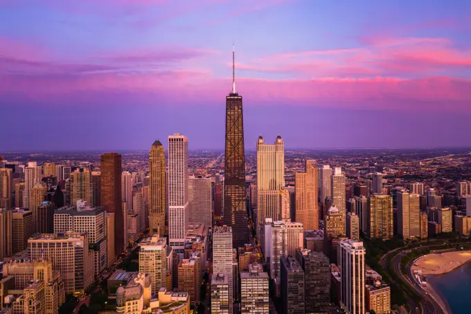 Aerial view of Chicago skyscraper during the sunset, United States.