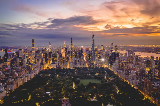 Aerial view above the central park in New York during the sunset, United States.