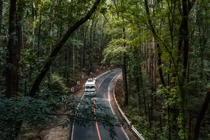 BOHOL, THE PHILIPPINES - 24 JANUARY 2020: Aerial view of transport van in Bilar manmade Forest.