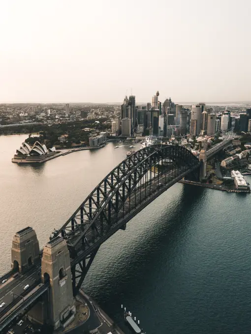 Aerial View of the Harbour Bridge in Sydney during a sunrise