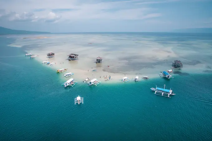 Aerial view of the famous Manjuyod Sand Bar also known as The Maldives of the Philippines in Bais City, Province of Negros Oriental, Philippines