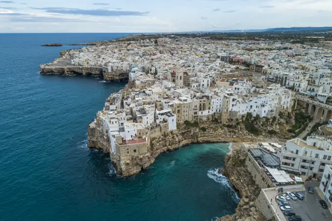 Panoramic aerial view of Polignano a Mare at sunset, Bari, Italy.