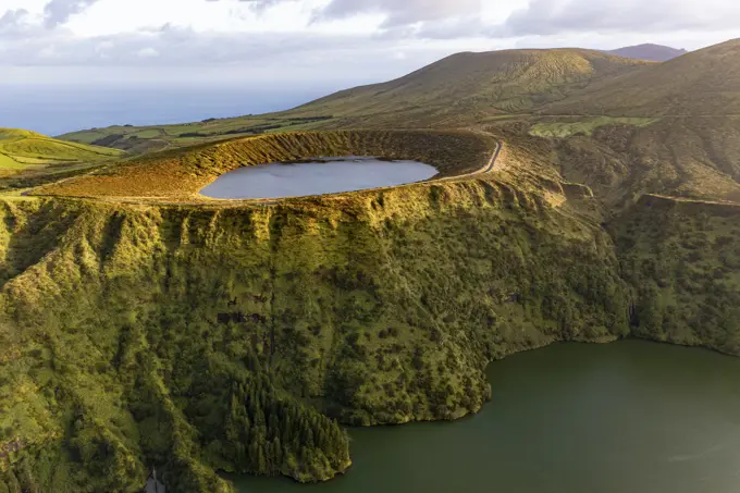 Aerial view of crater lake Rasa at sunrise, Flores, Azores, Portugal.