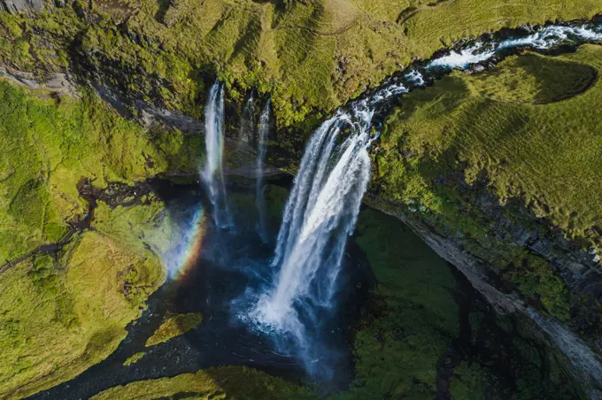 Aerial view of Seljalandsfoss waterfall in Iceland