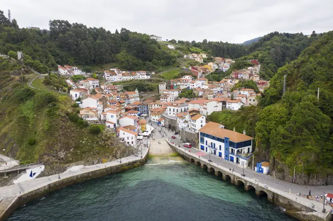 An aerial view of Cudillero, a picturesque fishing village on the coast Asturias, Northern Spain