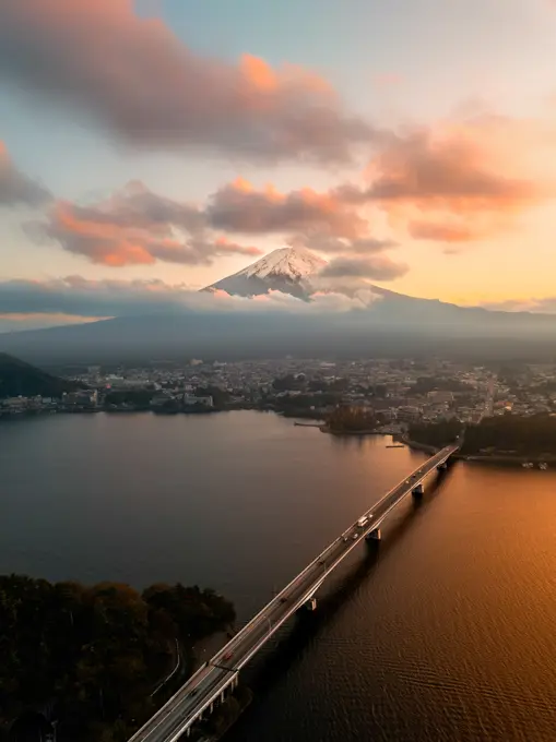 Aerial  view of Mount Fuji and Kawaguchi Lake at sunset, Fujikawaguchiko, Minamitsuru, YamanashiJapan