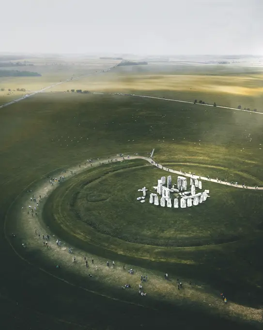 Aerial view of Stonehenge, a legendary neolithic monument in Salisbury, United Kingdom.