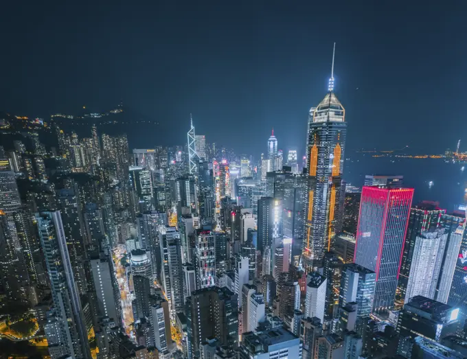 Aerial view of Central area at night on Hong Kong Island.