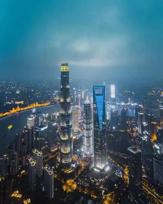 Aerial view of rainy Lujiazui area at night, Shanghai, China