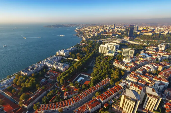 Aerial view of Dolmabahce Palace and Besiktas area, Istanbul, Turkey.