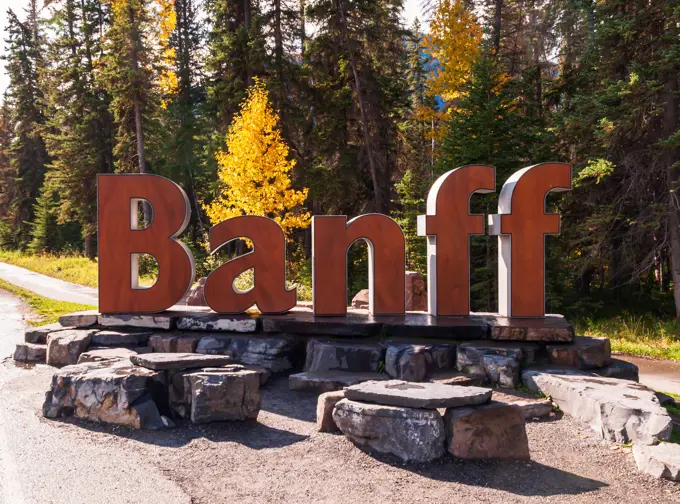 The BANFF sign on Mt Norquay Road as you enter town on a sunny fall day, Banff, Alberta, Canada