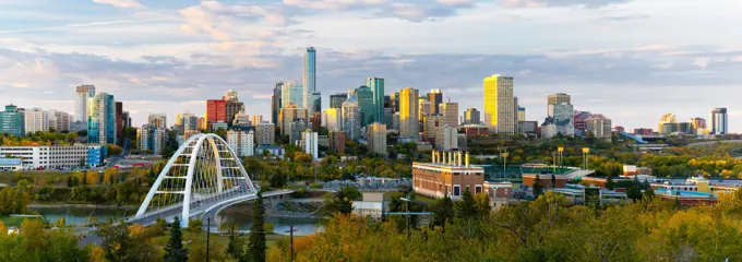 Edmonton city skyline with skyscrapers and bridge across North Saskatchewan River, Alberta, Canada