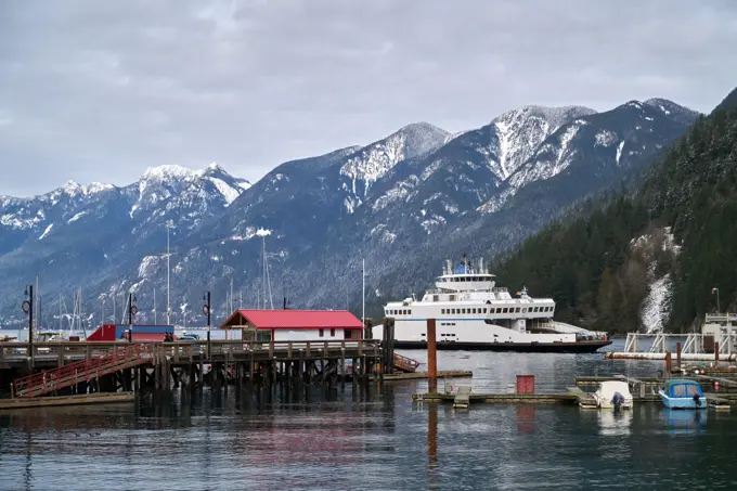 Horseshoe Bay Ferry Terminal Winter. A BC Ferry pulls into the Horseshoe Bay ferry terminal in West Vancouver.