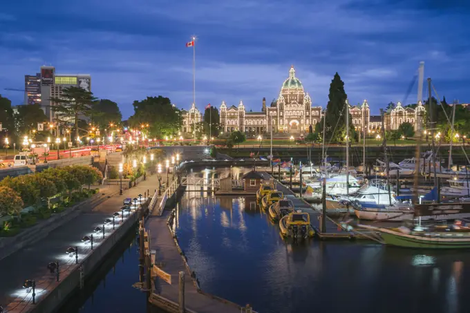 View of the Inner Harbour in Victoria, British Columbia's capital as it gets dark.