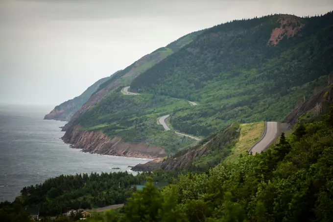 Dramatic twisting, turning highway on the Cabot Trail in Nova Scotia, Canada.