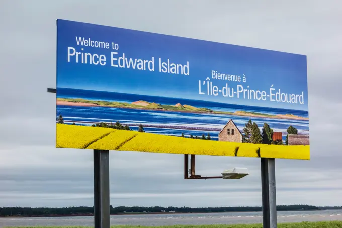 Billboard welcoming travelers to Prince Edward Island, Maritime Provinces, Canada.