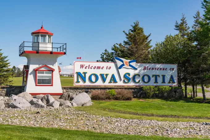 Welcome to Nova Scotia sign at the province border in Canada