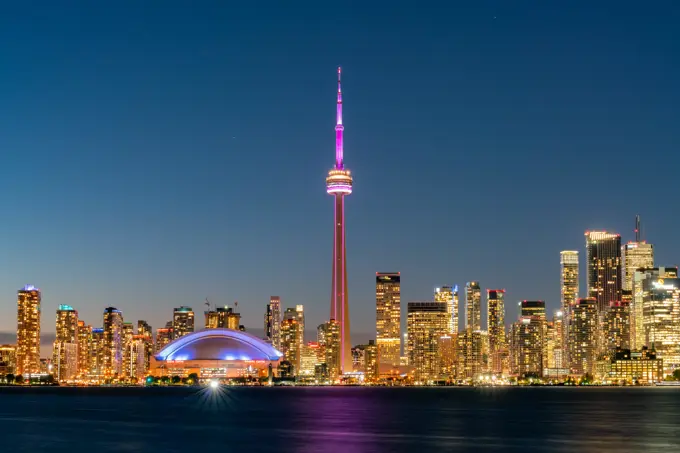 Sunset skyline of the Toronto city skyline with CN Tower at Canada