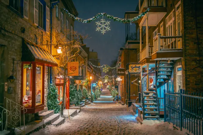 Petit-Champlain Street, Christmas decorations, snowy night, Old Quebec, Canada