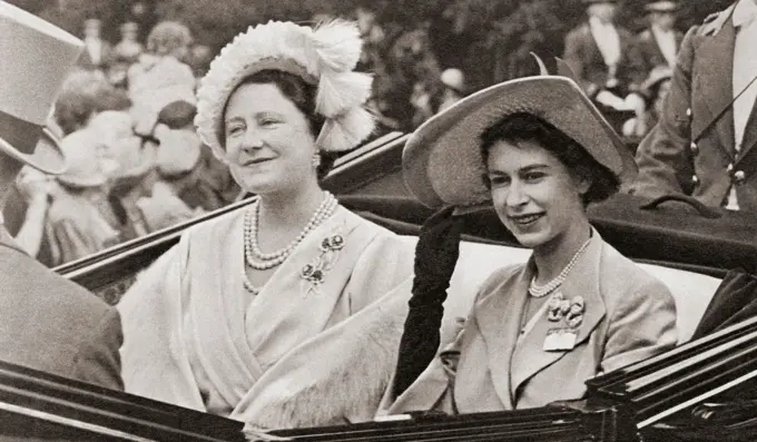 EDITORIAL ONLY The Queen and Princess Elizabeth, seen here at Royal Ascot in 1951. Queen Elizabeth, The Queen Mother.  Elizabeth Angela Marguerite Bowes-Lyon, 1900 - 2002.  Wife of King George VI and mother of Queen Elizabeth II. Princess Elizabeth of York, 1926 - 2022, future Elizabeth II. Queen of the United Kingdom. From The Queen Elizabeth Coronation Book, published 1953.