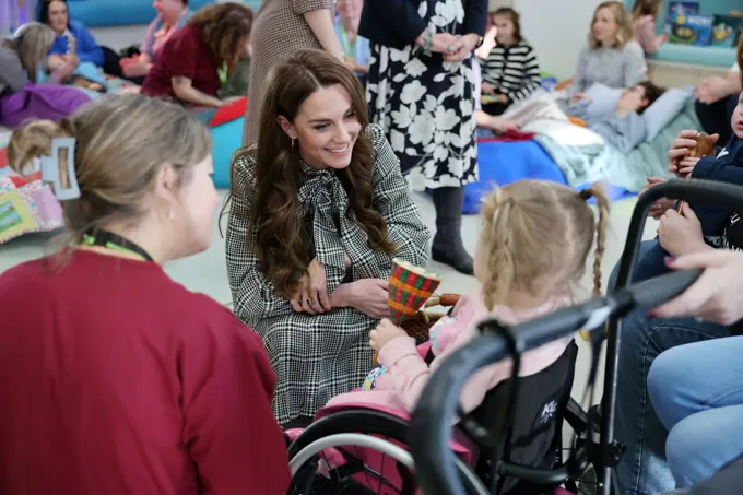 The Princess of Wales, Patron of Ty Hafan Children's Hospice, speaks to three-year-old Dani-Rae, during a visit to the hospice in Sully, near Cardiff, South Wales, which supports families in Wales to ensure that children with life-shortening conditions live fulfilling lives, are supported with the compassion and specialist care that they and their family need. Picture date: Thursday January 30, 2025.