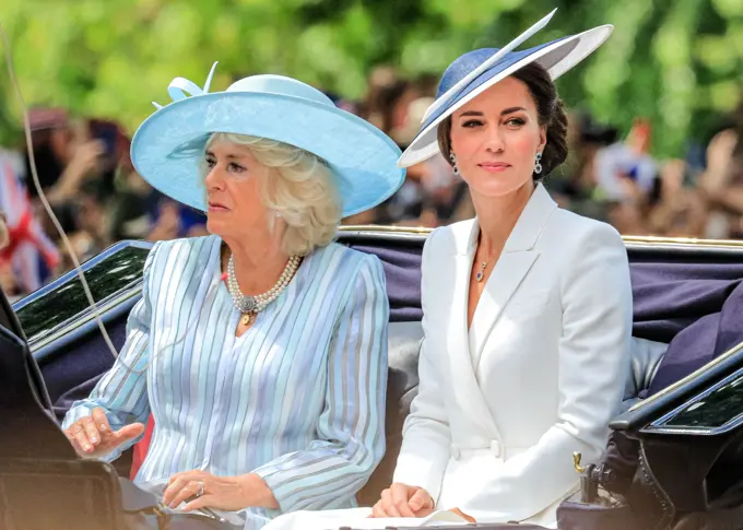 London, UK, 02nd June 2022. Camilla, the Duchess of Cornwall, Catherine, the Duchess of Cambridge and Catherine and William's children Charlotte, Louis and George, the eldest. Over 1,400 parading soldiers, 200 horses and 400 musicians from 10 bands in the traditional Parade mark The Queen's official birthday on the weekend which this year also sees her Platinum Jubilee. The Parade moves down The Mall to Horse Guard's Parade, joined by members of the Royal Family on horseback and in carriage and closes with the traditional RAF fly-past, watched by the Royal Family from the Buckingham Palace bal