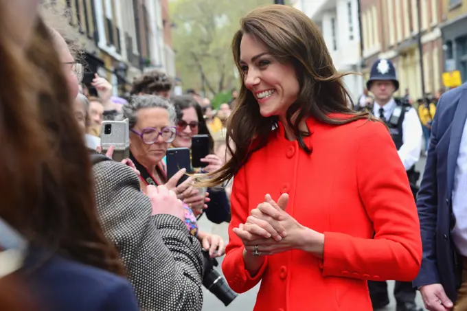 The Princess of Wales meeting people in Soho, after a visit to The Dog and Duck pub with The Prince of Wales, ahead of the King's Coronation.