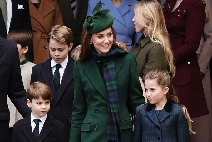 Prince Louis, Prince George, the Princess of Wales and Princess Charlotte following the Christmas Day morning church service at St Mary Magdalene Church in Sandringham, Norfolk. Picture date: Wednesday December 25, 2024.