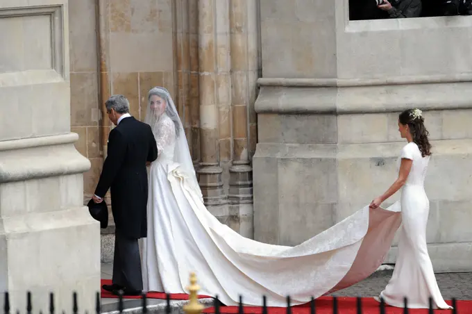 The Wedding of Prince William and Catherine Middleton. 29th April 2011. Kate Middleton arrives at the Abbey with her father