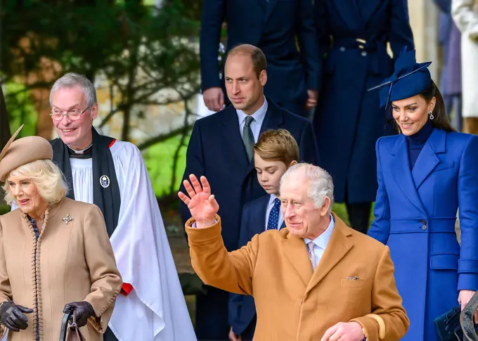 The King and Queen, Prince and Princess of Wales and Prince George after the service at St Mary Magdalene Church, Sandringham. December 25, 2023