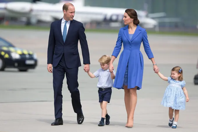 Prince William, Duke of Cambridge and Catherine Duchess of Cambridge with their chlidren (daughter Princess Charlottet and son Prince George) at Chopin Airport in Warsaw, Poland on 19 July 2017