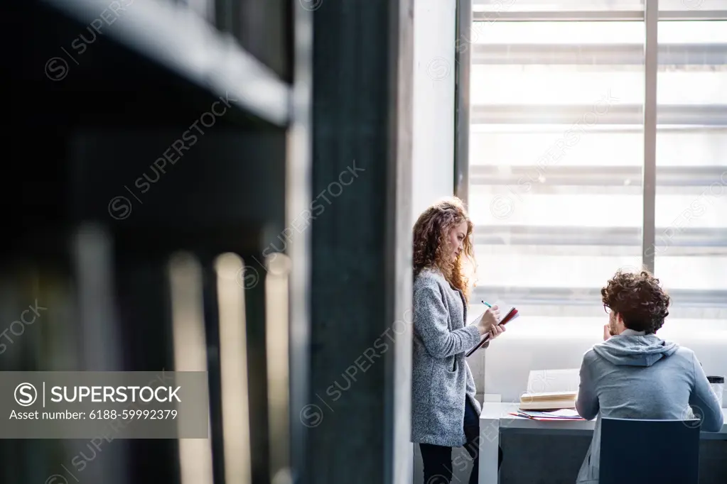 Young university students studying togeter in library, talking, preparing for final exam. Study group. Teamwork skills. Study group. Young university students studying togeter in library, talking, preparing for final exam or presentation. Teamwork skills. model released