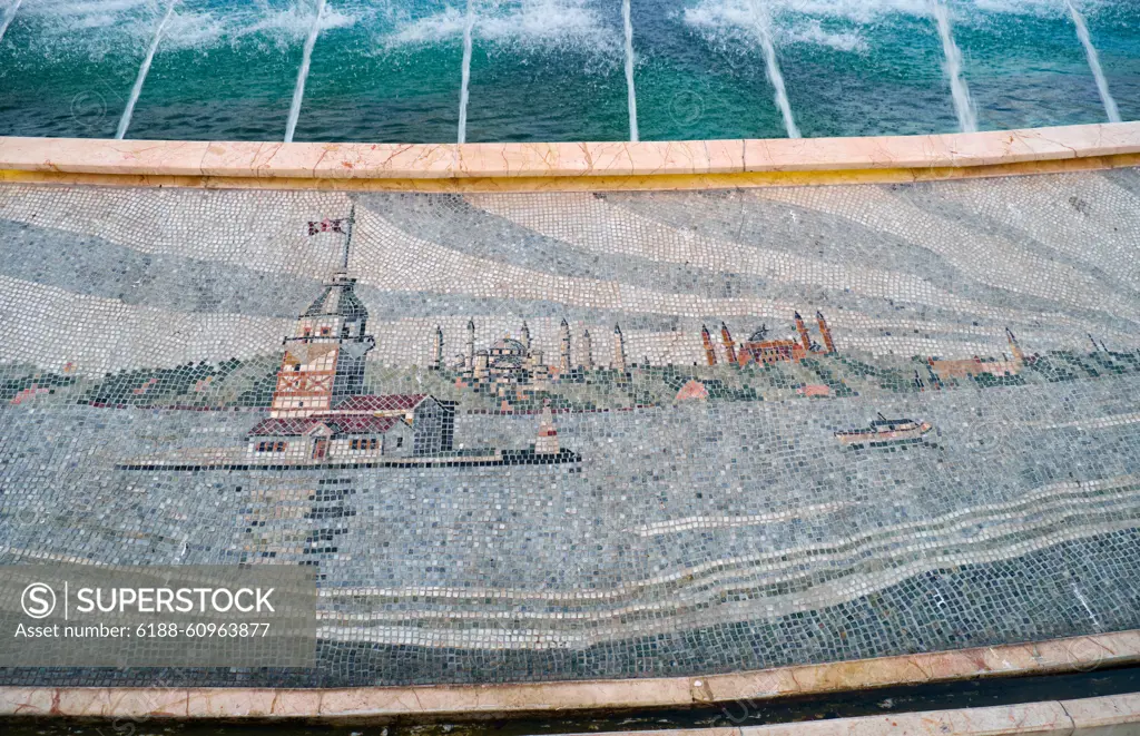 Mosaic with the views of Istanbul on the base of fountain in Sultan Ahmet Park, Istanbul, Turkey ISTANBUL, TURKEY - JUNE 23, 2016: The Maiden s Tower on a islet at the Bosphorus strait  - the mosaic on the base of fountain in Sultan Ahmet Park, Istanbul, Turkey Copyright: xZoonar.com/SergeyxPistyazhnyukxSergxZastavkinx 21880540