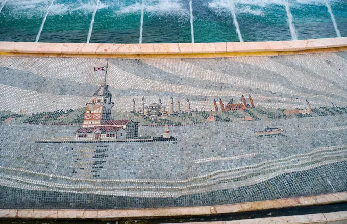 Mosaic with the views of Istanbul on the base of fountain in Sultan Ahmet Park, Istanbul, Turkey ISTANBUL, TURKEY - JUNE 23, 2016: The Maiden s Tower on a islet at the Bosphorus strait  - the mosaic on the base of fountain in Sultan Ahmet Park, Istanbul, Turkey Copyright: xZoonar.com/SergeyxPistyazhnyukxSergxZastavkinx 21880540