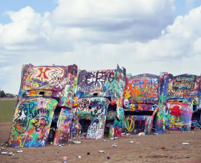 AMARILLO, TEXAS, USA - March 10 , 2019. Cadillac Ranch in Amarillo on historic Route 66 AMARILLO, TEXAS, USA - March 10 , 2019. Cadillac Ranch in Amarillo. Cadillac Ranch is a public art installation of old car wrecks and a popular landmark on historic Route 66 Copyright: xZoonar.com/SvetlanaxFootex 13603749