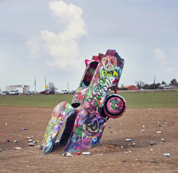 AMARILLO, TEXAS, USA - March 10 , 2019. Cadillac Ranch in Amarillo on historic Route 66 AMARILLO, TEXAS, USA - March 10 , 2019. Cadillac Ranch in Amarillo. Cadillac Ranch is a public art installation of old car wrecks and a popular landmark on historic Route 66 Copyright: xZoonar.com/SvetlanaxFootex 13603787