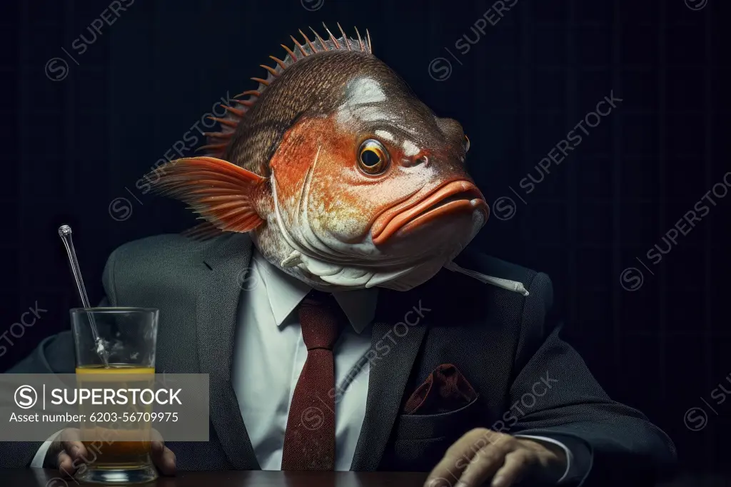 Striking image of a man with a fish head showcasing the unconventional and surreal